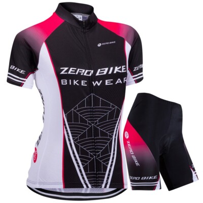 Damen Radfahren Radtrikot Set Fahrradtrikot Kurzarm Radhose mit Sitzpolster ZB09