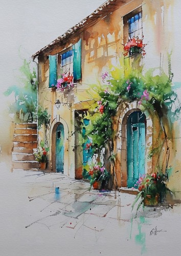 Charming Village Home 5"x7" Print on Matte Paper | Rustic Mediterranean Art - Picture 3 of 7