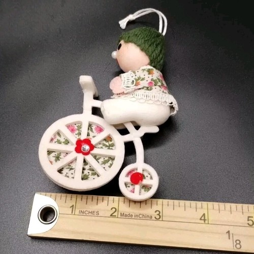 Vtg Christmas Pixie Elf Flocked Styrofoam Bicycle Floral Christmas Ornament - Picture 15 of 16