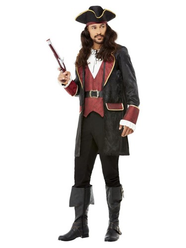 Deluxe Swashbuckler Pirate Costume Mens Pirats Fancy Dress Outfit Adults + Hat - Picture 2 of 5