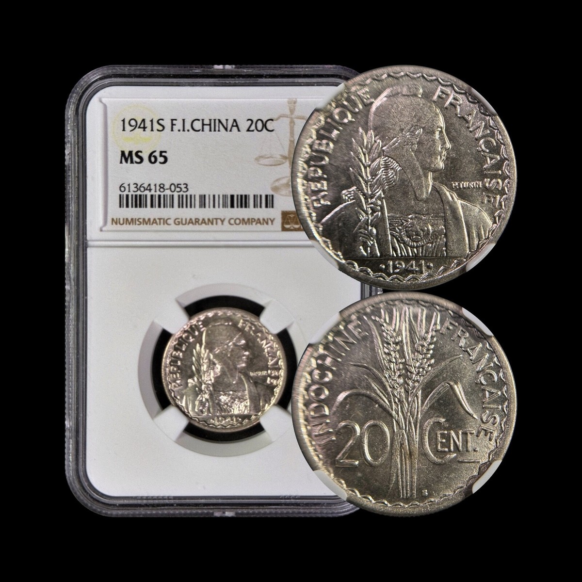 FRENCH INDOCHINA. 1941, 20 Cents - NGC MS65 - Marianne, Rice, San
