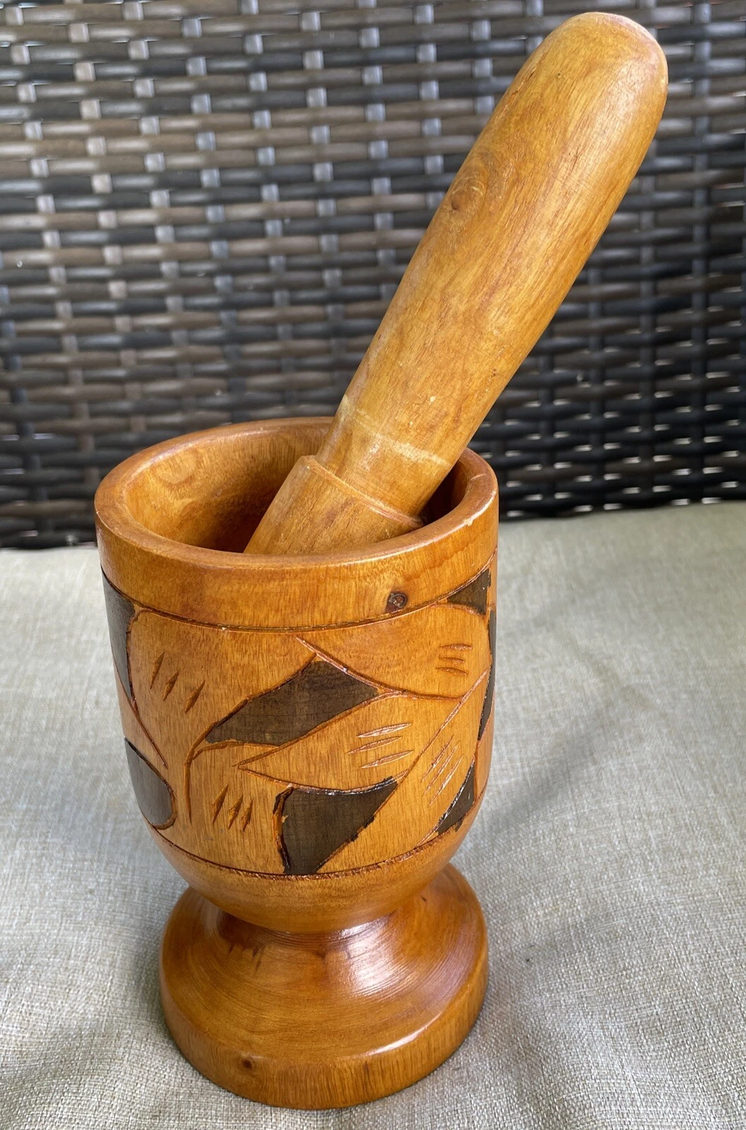 Hand Carved Wooden Mortar Pestle Set Herb Crusher Large 6.5” Tall Two Tone Wood