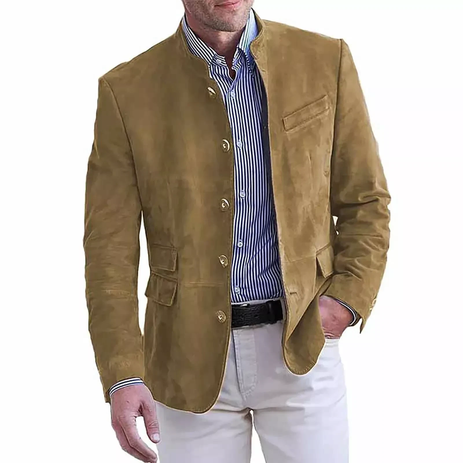 Beige Leather Blazer Men Pure Suede Coat Jacket Size S M L XL XXL 3XL
