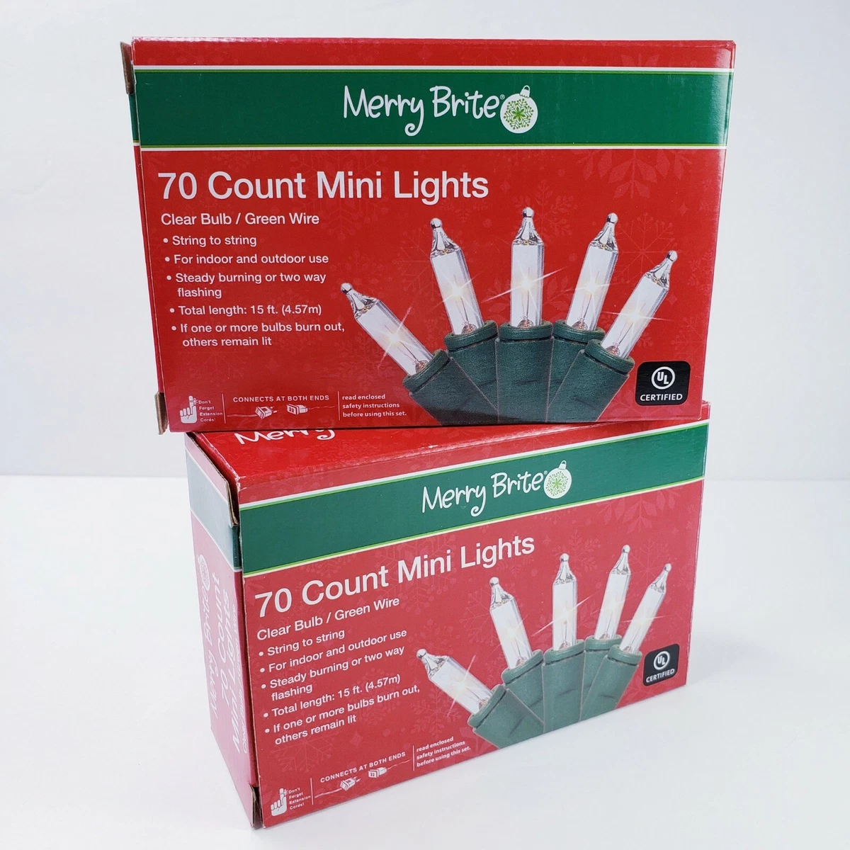 2 Merry Brite 70 Mini Lights Christmas Tree Clear Bulb Green Wire