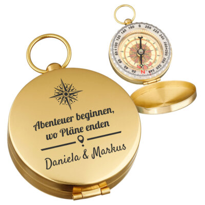 Outdoor Kompass in Gold mit Gravur zur Hochzeit - Hochzeitsgeschenk für Paare