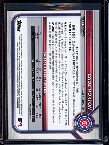 Bowman Draft 2022 cromo #BDC193 Cade Horton zafiro rojo novato #3/5 - Imagen 2 de 2