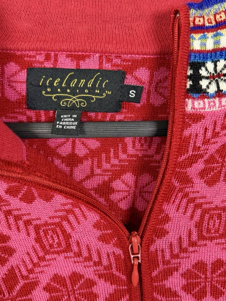 Icelandic Design Zip Front Cardigan Sweater Red Floral Small - Image 2 of 4