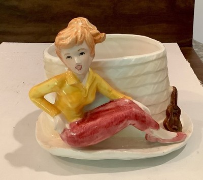 Vintage Relpo 5759 Girl with Guitar Sitting On A Hat Planter ~ Mint No Chips