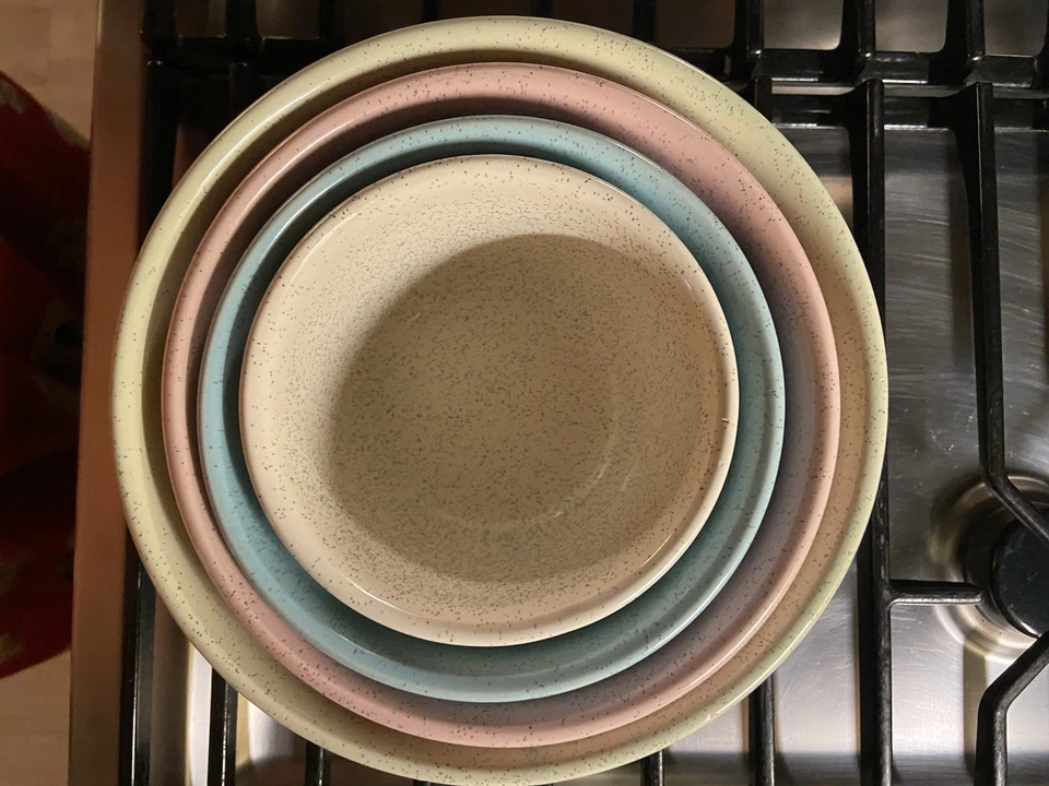 Tigelas de mistura raras vintage MCM 1940s Bauer Monterey modernas de cerâmica salpicada - Imagem 3 de 4