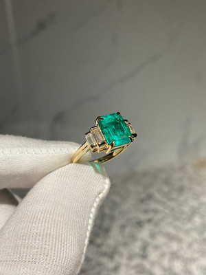 14K Solid Yellow Gold Natural Zambia Emerald & Diamond Emerald Wedding Ring