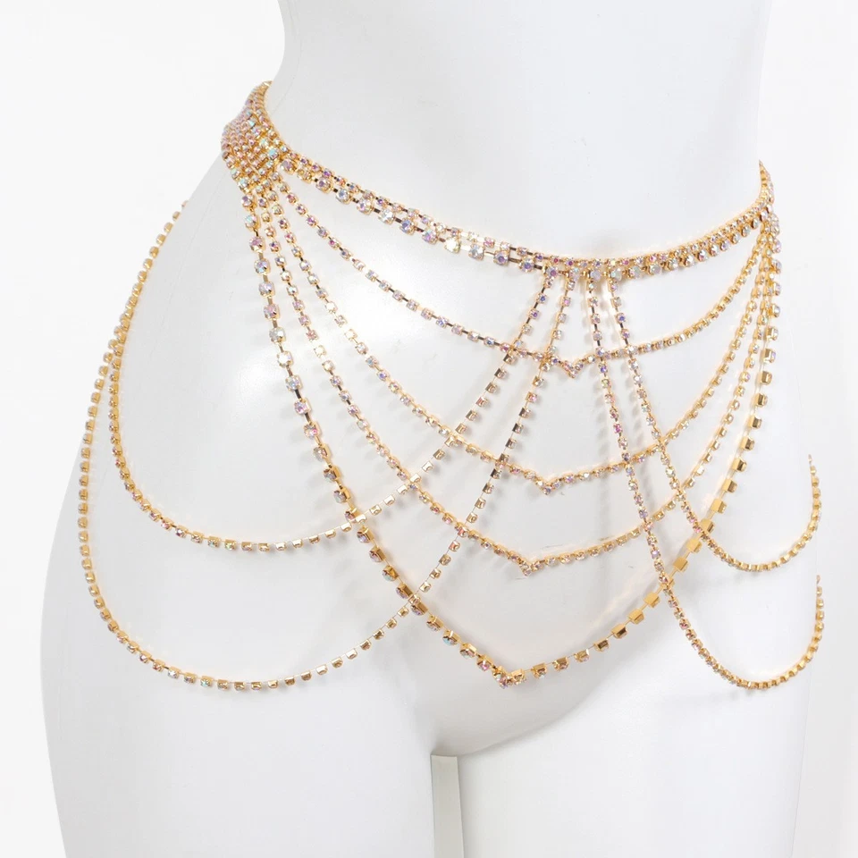 Mujer Brillante Sujetador Bralette Cintura Cadena Collar Cuerpo Joyería Pecho Arnés Dorado Foto 3 de 4