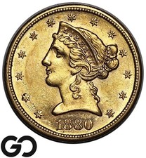 1880-S Gold Half Eagle, $5 Gold Liberty *Rare in MS* Nice Luster, BU++