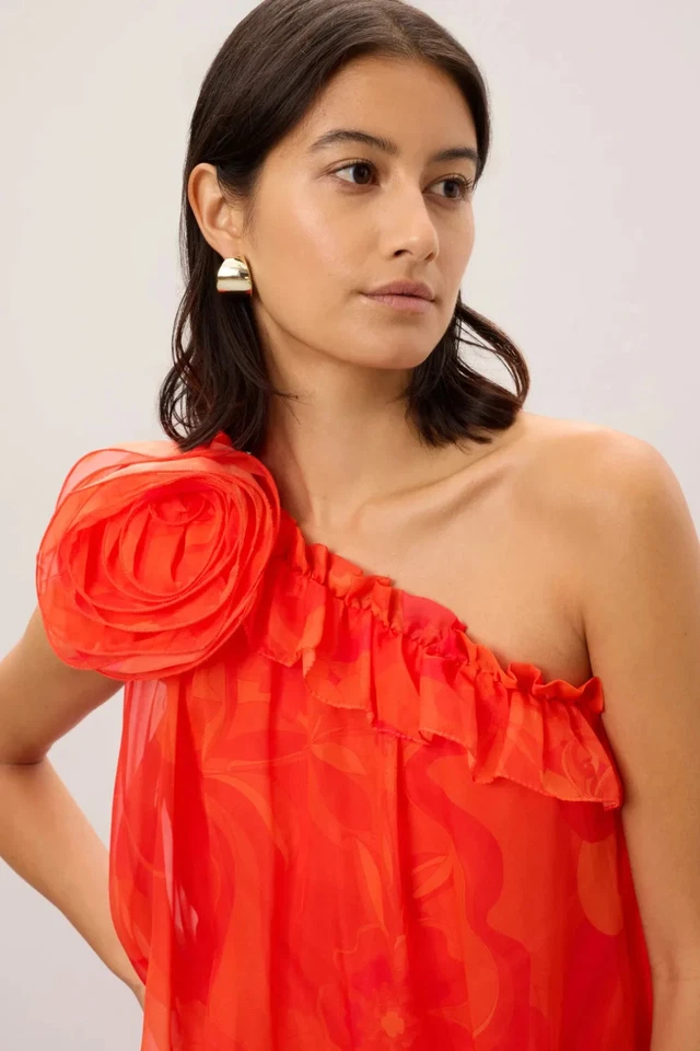 Vestido Leena For Mac Duggal Rosa Floral Un Hombro Volantes Talla 6 (Venta al por menor $498) Foto 4 de 4