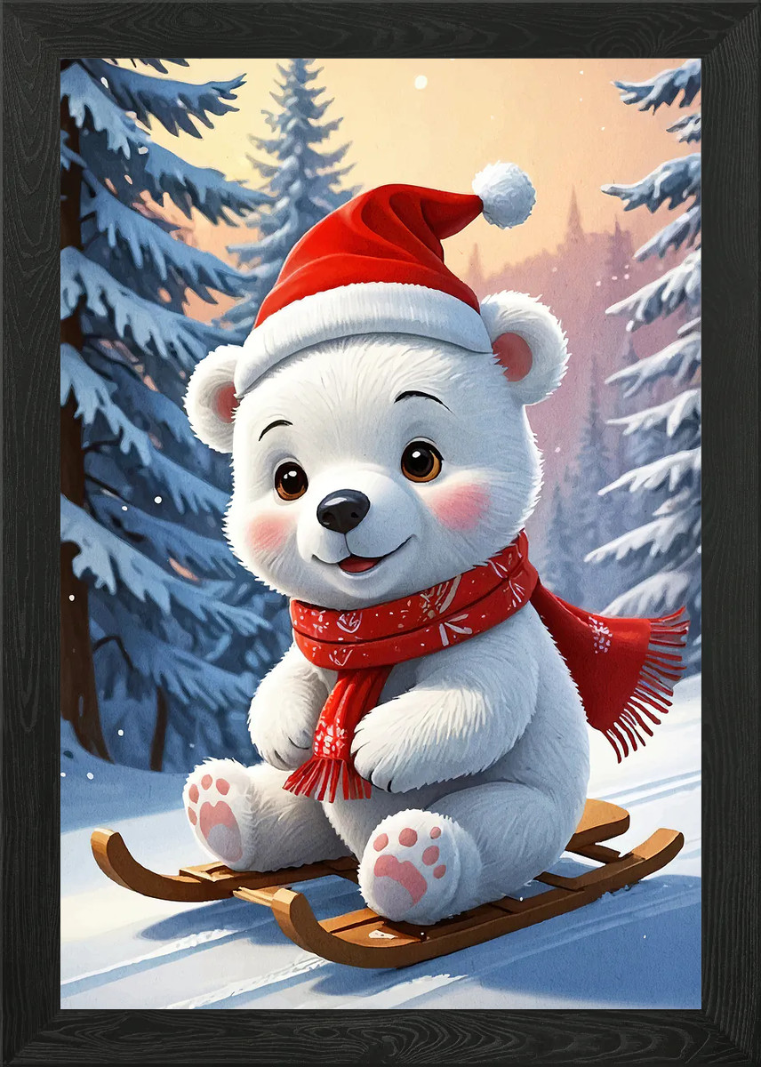 Cute Polar Bear Sledding Winter Framed Wall Art Poster Canvas Print Picture
