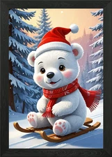 Cute Polar Bear Sledding Winter Framed Wall Art Poster Canvas Print Picture
