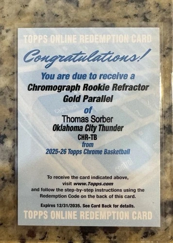 2025 Topps Chrome Chromograph Thomas Sorber OKC Rookie Gold Refractor /50 Auto