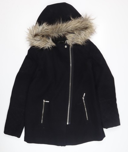 New Look Damen Parka Mantel schwarz mit Kapuze Größe 12