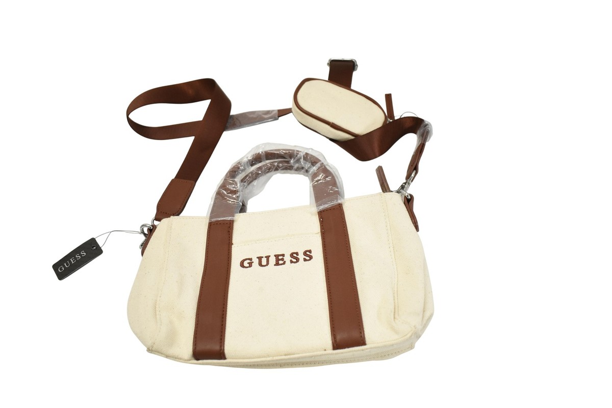 Guess YC Canvas Mini Tote Bag Womens Natural Brown Strap Crossbody