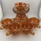 Imperial Marigold Carnival Glass Punch Bowl Stand And 5 Cups Vintage