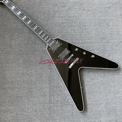 Black Custom Flying V Electric Guitar Active Pickups 24 Frets Fast