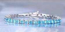 14k White Gold Plated 7.5" Tennis Bracelet 10CT Round Lab Created Blue Topaz