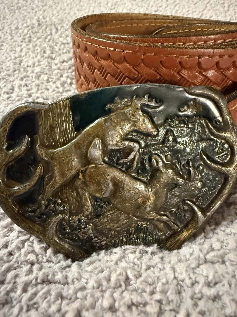 Vintage 1984 Bergamot Brass‎ Works Farm Horse Belt Buckle Tooled Leather Tan 1984 Bergamot Brass Works Belt Buckle Native American Horse  main image 2