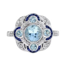 Art Deco Style Aquamarine Lab Created Diamond 14K White Gold FN Wedding Ring