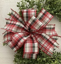 Christmas Plaid Wreath Bow, Christmas Red Green White Lantern Bow - Handmade