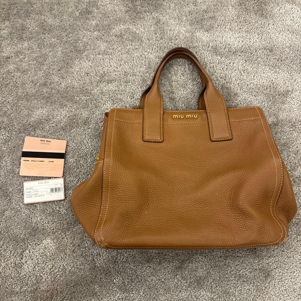 Miu Miu Leather Handbag Brown Pebbled Large Satchel Tote 16.9 x 11.8 x 5.5 in