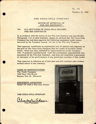 Coca-Cola Co. ephemera Oct. 1962 Notice Bottle Cooling Equipment Vendo         