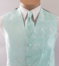 Aqua Green Men's Paisley Tuxedo Suit Dress Vest Waistcoat and Neck tie Wedding