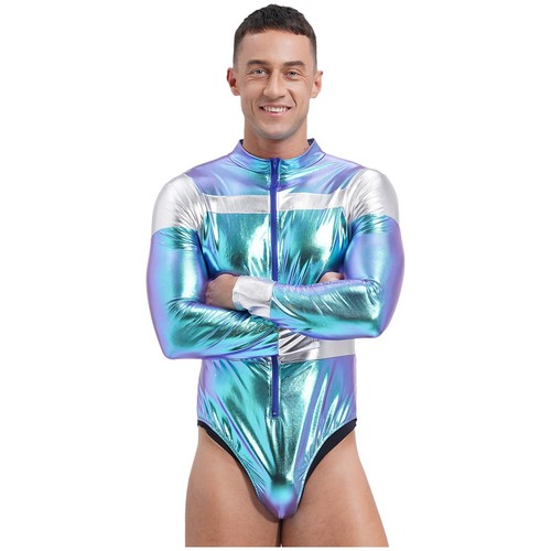 Men's Bodysuits Contrast Leotard Dress-up Jumpsuit Bodycon Cosplay Long Sleeve - Picture 5 of 23