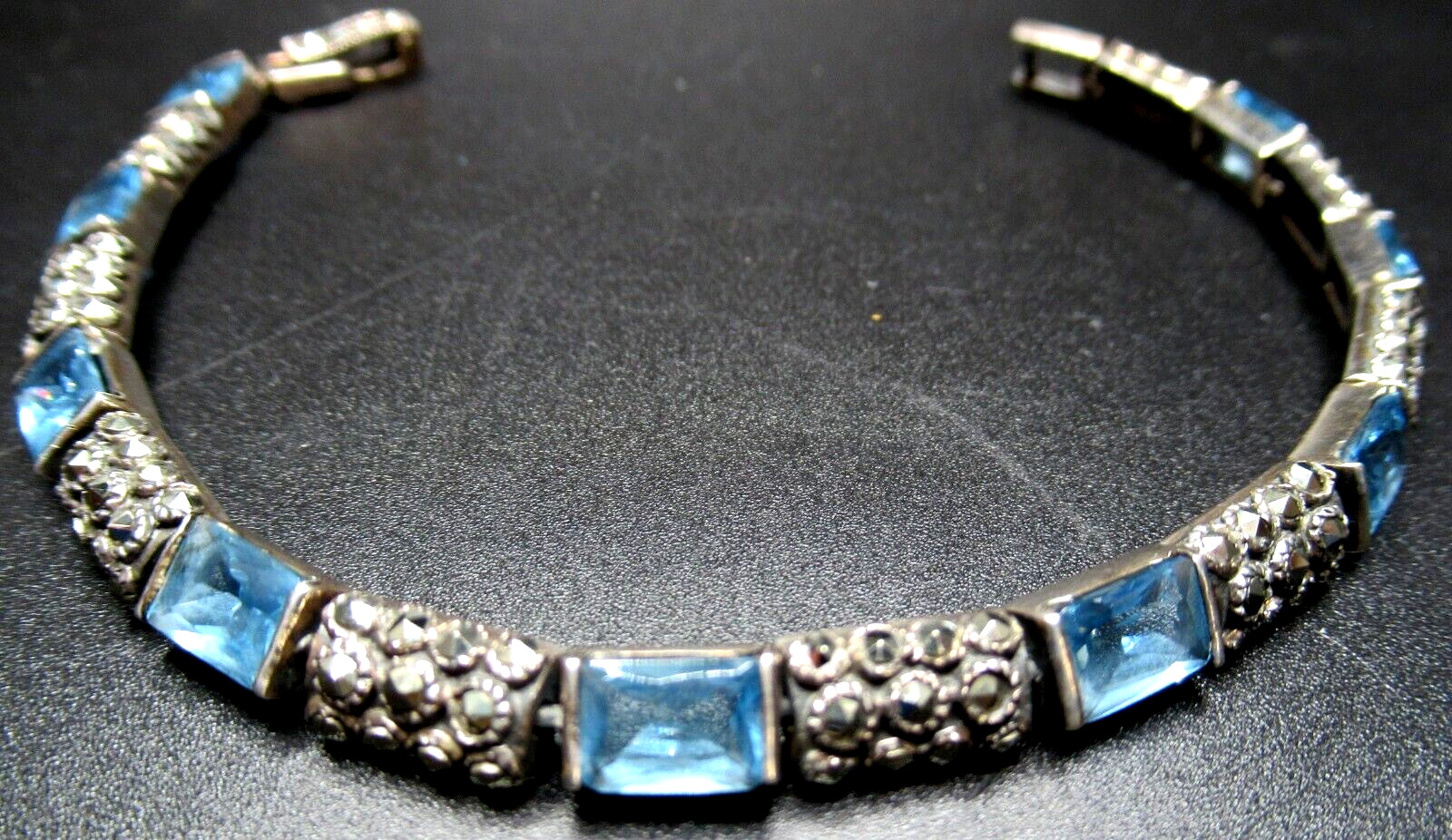 Sterling Silver 925 Blue Rectangular Stone & Marc… - image 1