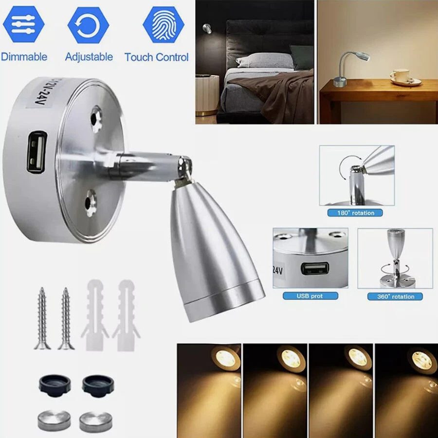 LED Reading Light Spotlight USB Dimmable Bedside Lamp RV Yacht Touch Lamp 12-24V - Image 4 of 4