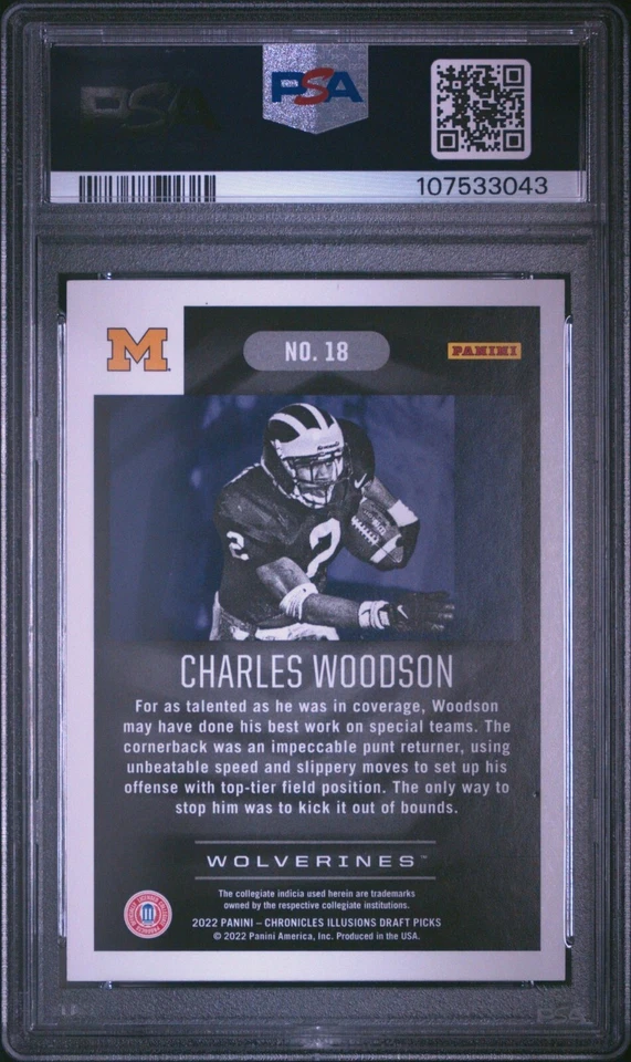 2022 Chronicles Draft Picks Illusions 18 Charles Woodson Purple Prizm #/49 PSA 9 - Image 2 of 2