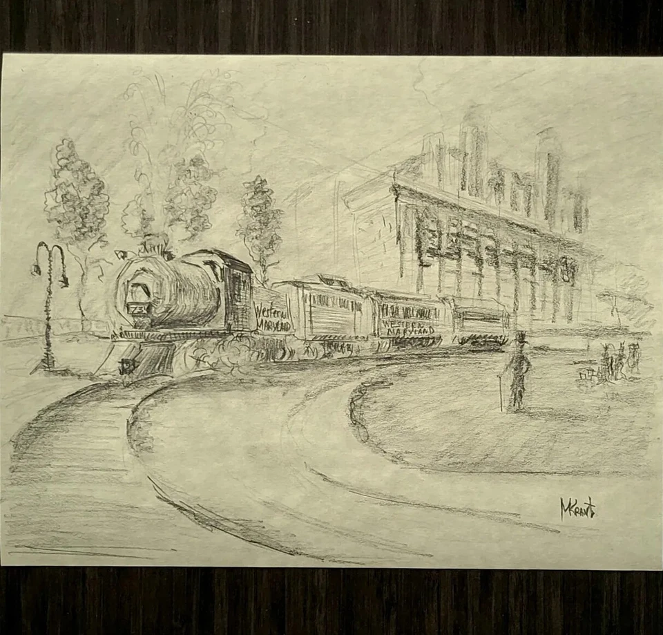 Dibujo original Cumberland Valley Rail Road tren de vapor arte firmado enmarcado 16x13 Foto 3 de 4