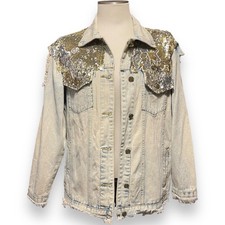 L&b Sequin Denim Jacket ~ Distressed Acid Wash Gold Silver ~ Medium