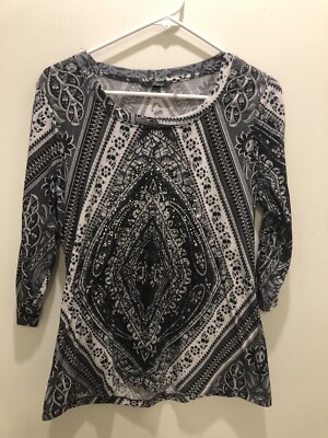 Kiara  Size L White Black Print With Sequins Shirt 3/4 Length Sleeves