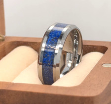 Engraved Personalized Ring Men's Lapis Lazuli Inlay Men's Tungsten Wedding Band