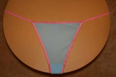 Salmon Orange G-String w Shiny Bands & Blue Sheer Mesh All Over - Size 7