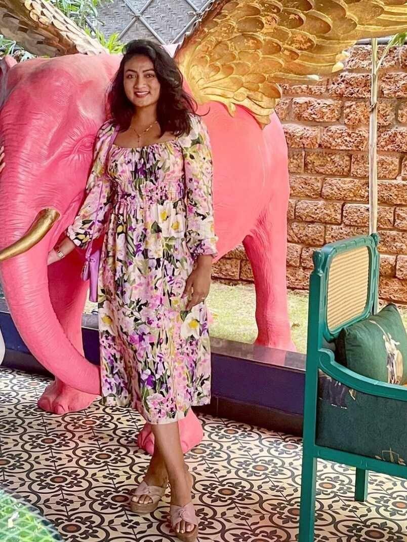 H&M Balloon Sleeve Purple Green Floral Smocked Midi Summer