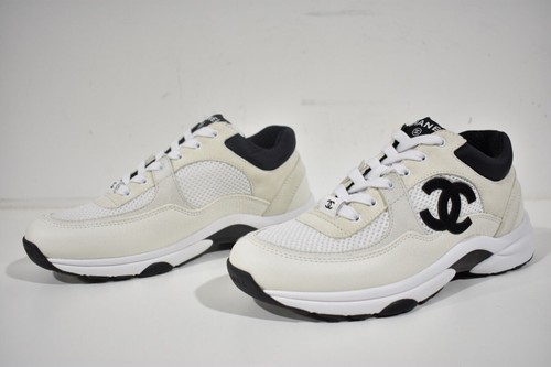 Chanel REV White Black CC Logo Leather Lace Up Flat Runner Trainer Sneaker 39.5 - Picture 8 of 12