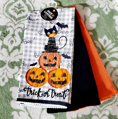 Masked Cat Halloween Towels Trick or Treat Spooky Jack-o-lantern Pumpkin BOO NWT