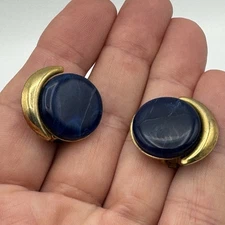 Vintage Clip On Earrings Gold Tone Crescent Moon Blue Faux Stone Round 1”