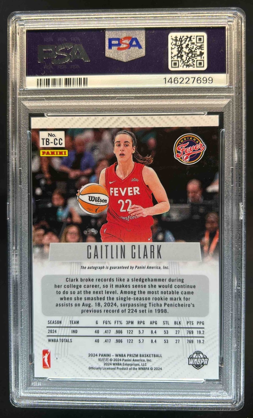 2024 Panini WNBA Prizm Caitlin Clark Throwback Signatures RC Auto #TB-CC PSA 9 view 2