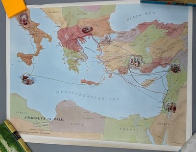 Vtg Journeys Of Paul missionary Map Print Poster religious printed U.S.A. READ