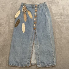 VTG Gitano Denim Skirt Womens 9/10 Medium Blue Leaf Embellished Boho Hippie 80s