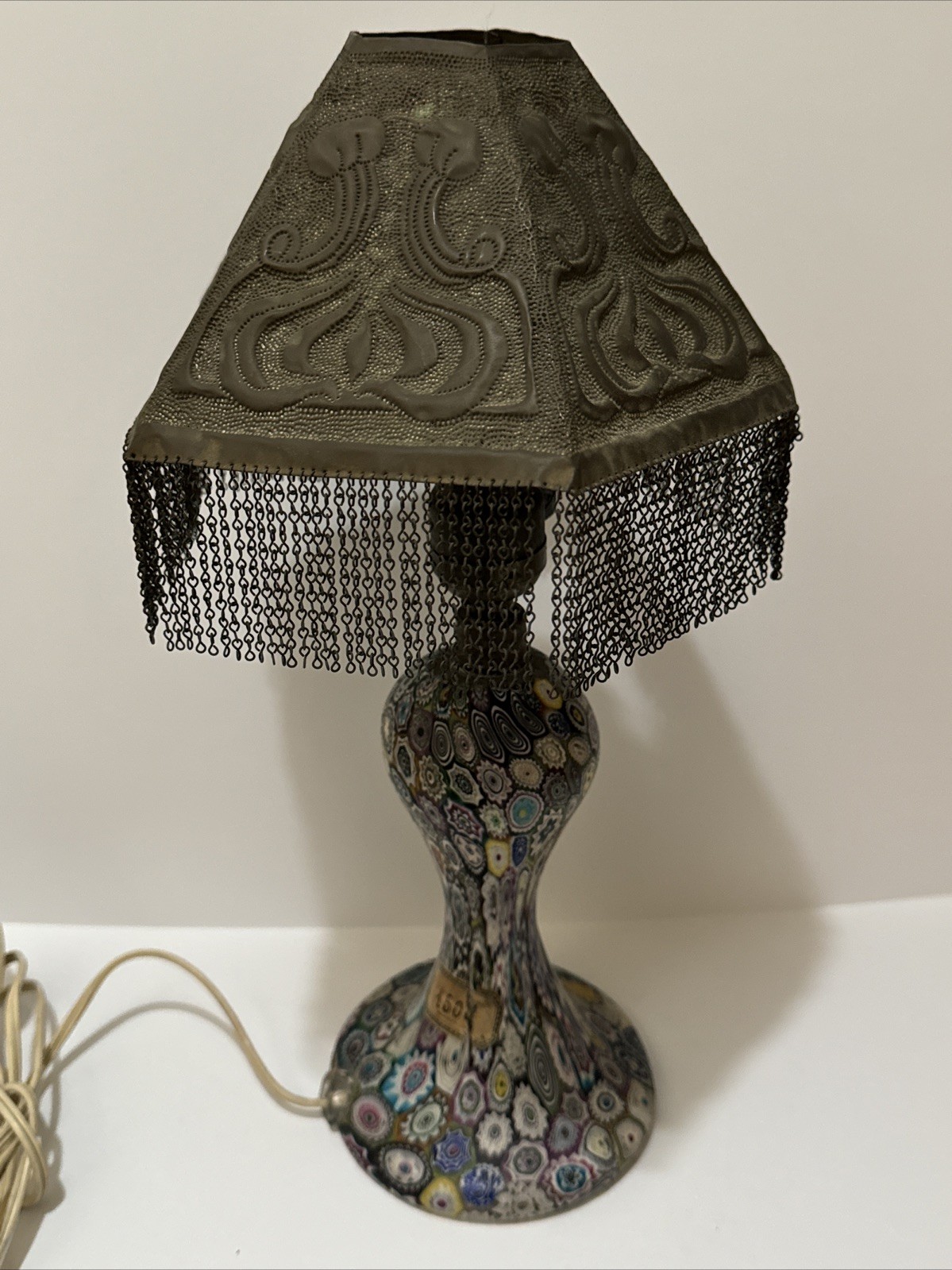 Antique Italian Millefiori Glass Lamp with Art Nouveau Shade and Metal Crafts