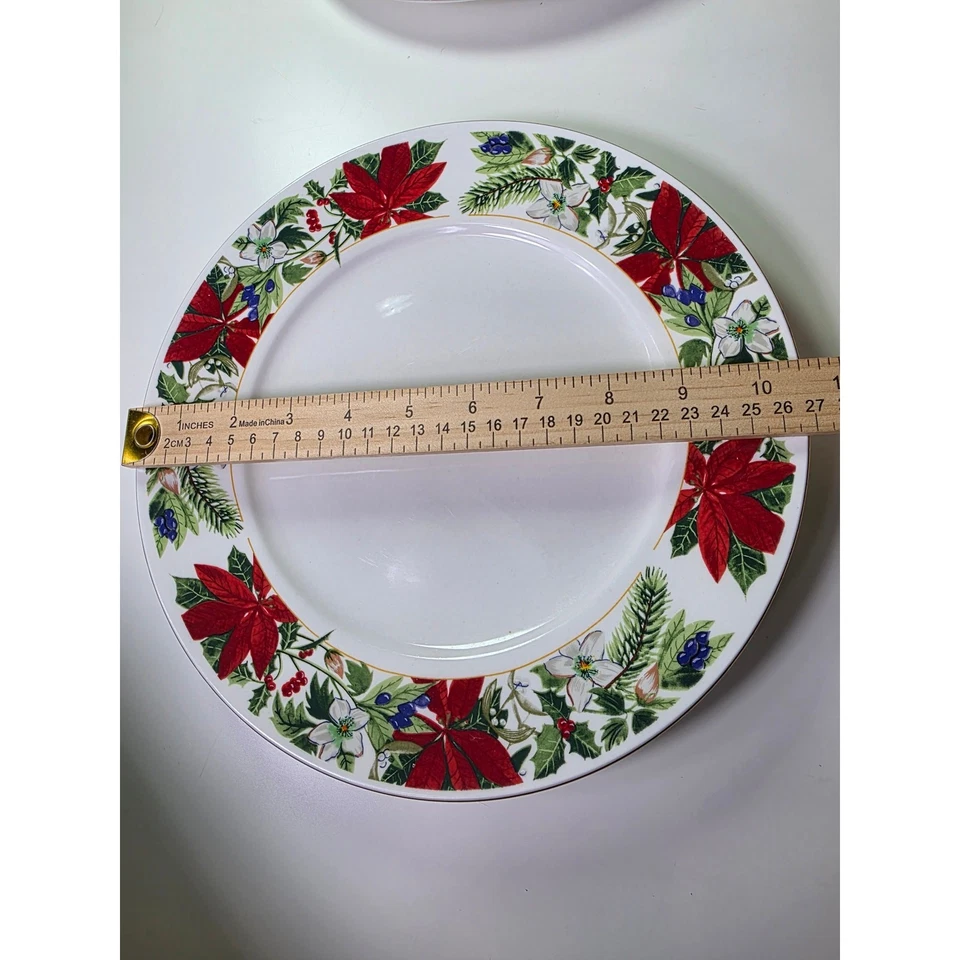 GIBSON HOUSEWARES Poinsétia Feriado Vermelho Verde Prato de Jantar de Natal Conjunto de 4 - Imagem 3 de 4