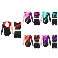 Kid Girl Sparkly Long Sleeve Ballet Dance Bodysuit Vest with Tumbling Shorts Set